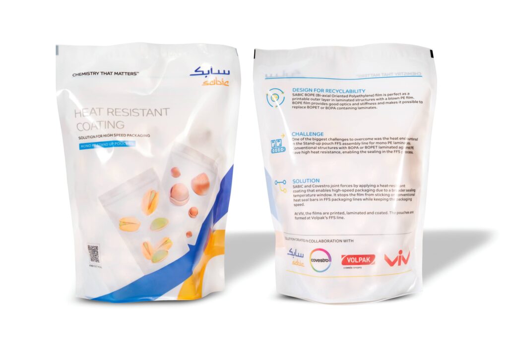 Covestro has developed a heat-resistant coating for monomaterial stand-up pouches that enables easier single-stream recycling of these packages. The coating was developed for stand-up pouches made of biaxially oriented polyethylene (SABIC BOPE). Both companies plan to further improve and eventually commercialize the packaging.