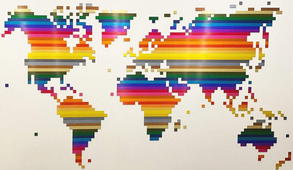 Colorful world map made with small aluminum plates colored with Heubach dyes according to our motto of this year’s Heubach booth at Aluminium 2022 “What a colorful world! The splendor of colors on anodized aluminum.”