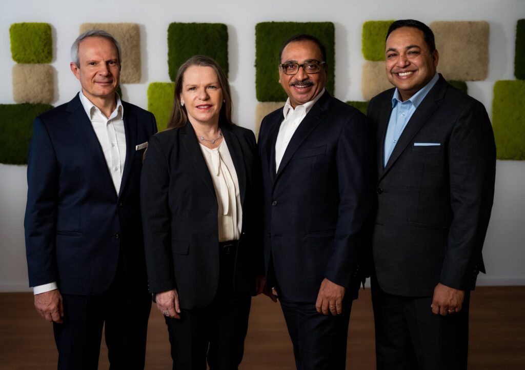 Thomas Bucher, Group Chief Finance Officer; Heike van de Kerkhof, Archroma Group Chief Executive Officer (CEO); Rohit Aggarwal, Divisional President & CEO of the Archroma Textile Effects division, as well as President Asia; Sameer Singla, Divisional President & CEO of the Archroma Paper, Packaging & Coatings division, as well as President Americas and Europe, Middle East & Africa.